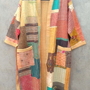 Kantha Kimono Quilted Night Wear Gown Ethnic Cotton Beach Wear Bathrobe Indian Long Dress Patchwork Robe