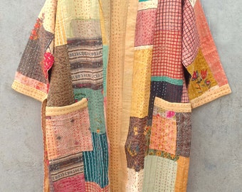 Handmade Kantha Quilted Kimono Robe: Patchwork Cotton, Indian Gown