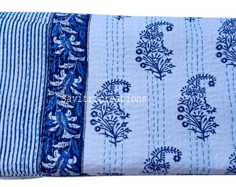 Hand Block Print King Size Kantha Quilt - Floral Cotton Bedspread
