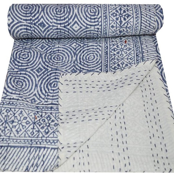 Handgemachte Indigo Kantha Quilt, Queen-Size Block Print Baumwolle Tagesdecke