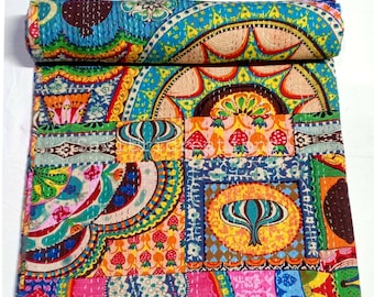 Queen Size Kantha Quilt: Hand Stitched Cotton Bedspread