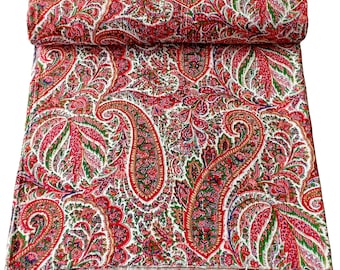 Handmade Red Paisley Kantha Quilt, Queen Size Cotton Bedspread