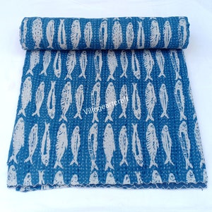 indian handmade block print kantha quilt blue kantha bedspread, kantha quilt twin size handmade blanket