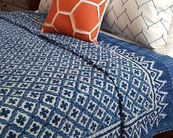 Hand Stitched Kantha Quilt, Floral Print Cotton Bedspread, Boho Bedding
