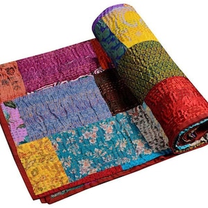 Indian Kantha Quilt Queen Size Cotton Red Patchwork Quilt Queen 108x90 Inches Quilt Blanket Kantha Quilt Quilt Queen Quilt