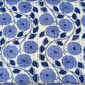 Blue White Flowers Kantha Quilt Hand Stitched cotton quilt kantha throw Blanket Bedspread Blue Quilt Blue king size blue and white quilts