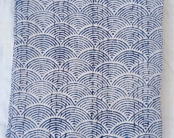 Hand Stitched Kantha Quilt, Blue Floral Block Print, Cotton Bed Cover