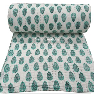 Reversible Green Floral Quilt, Hand Block Print Cotton Razai