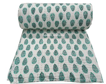 Reversible Green Floral Quilt, Hand Block Print Cotton Razai