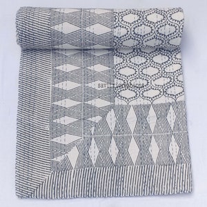 Handblock Print Kantha Quilt Indian Handmade Stitched Hippie Bohemian Blanket Throw Bedspread Decorative King Size Kantha Quilt