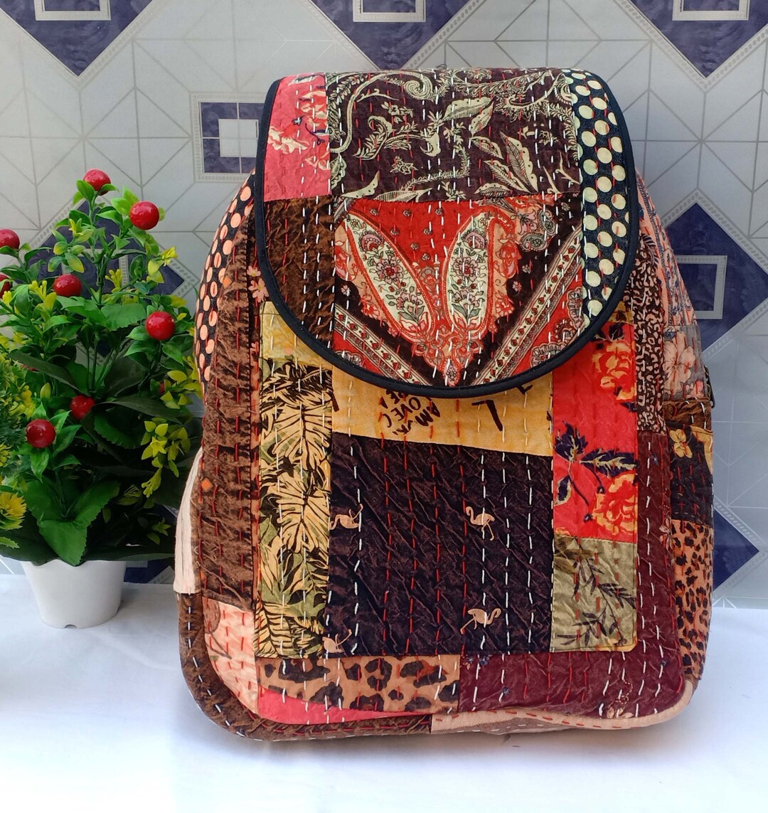 Burlap Festival Kantha bohemian patchwork colorful knapsack backpack Large Festival Patchwork burlap Kantha bohemian Sustainable  main image 2