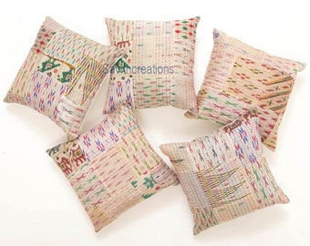 Patchwork Silk Sari Cushion Cover Set: Kantha Stitch Pillow, 18" Square