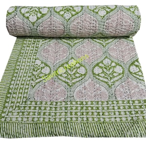Indian Kantha Quilt Green Block Printed Quilt Queen Handmade Kantha Bedcover Bedding Pure Cotton Quilt Kantha Throw Gift For Mom