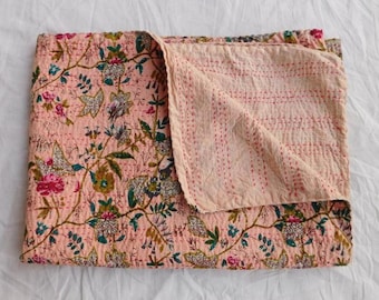 Floral Hand-stitched Kantha Quilt - Reversible King Size Cotton Bedspread