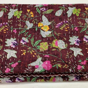Brown Kantha Quilt Handmade Kantha Quilt - Indian Block Print Bedding Cozy Throw Blanket Ideal for Mother’s Day Gift or Bedroom Makeover