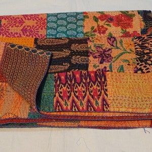 Indian Vintage Kantha Quilt Handmade Patchwork Cotton Bedspread Bedding Blanket Stone Wash Quilt