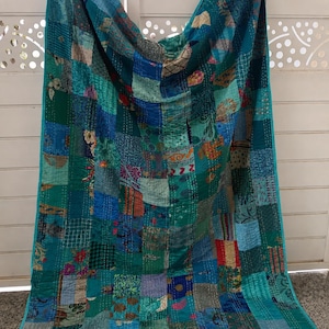 Turquoise Vintage Silk Sari Patchwork Kantha Throw Boho Blanket