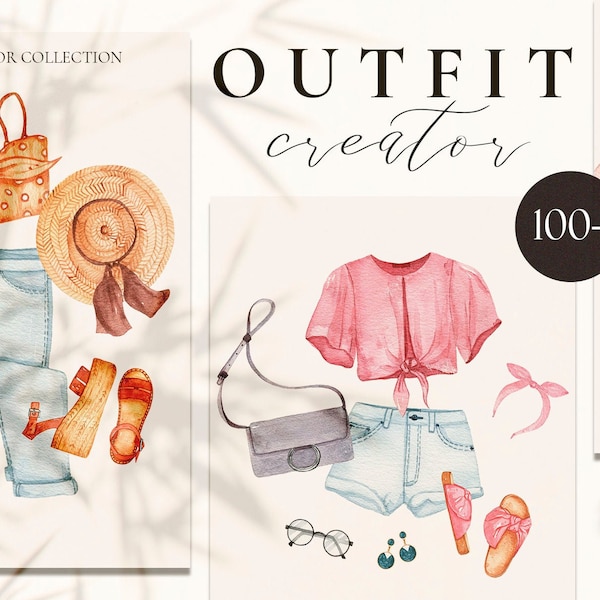 Outfit Creator - watercolor fashion clothes, accessories, womans clipart. Casual wardrobe clothing apparel - shoes, dress, bags illustration