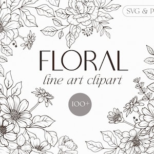 Floral line art clipart, botanique fleur ligne art SVG couronne, cadre, blanc floral fine ligne art dessiné à la main croquis, graphique de mariage PNG