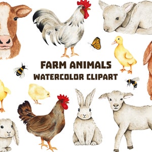 Boerderijdieren aquarel clipart, aquarel paashaas, konijn, vogel, koe, kip, eend, kip, vlinder, bijen clipart, aquarel dier