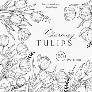 ClipArt di fiori di tulipano in formato SVG, schizzi semplici floreali di tulipani botanici, tulipani floreali, arte al tratto sottile, bouquet di fiori di tulipano PNG