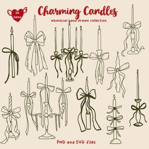 Kerzen kokett Hand gezeichnet Linie Kunst Clipart - Wunderliche Kerze mit Schleifen Clip Art - Trendiges Dekor für Hochzeit Einladungskarte SVG PNG