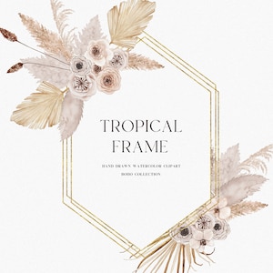 Acquerello dorato boho telaio clipart - Wedding boho bordo floreale - Acquerello boho foglie di palma essiccate palme geometria oro cornice PNG