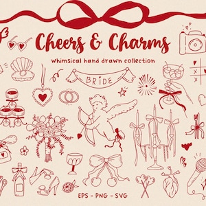 Festa de casamento coquete desenhado à mão linha arte clipart - moldura, decoração, laços, vela - Decoração moderna e caprichosa para cartão de convite SVG PNG