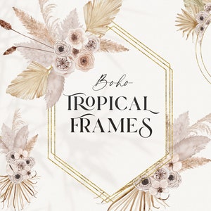 Cadres dorés tropicaux à l'aquarelle avec des feuilles de palmier séchées, des orchidées, des fleurs de roses - Cadres géométriques floraux de mariage clipart Couronne Boho PNG