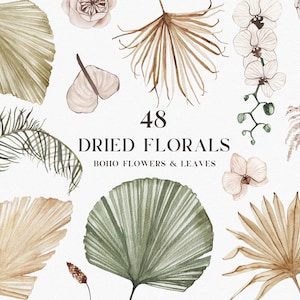 Aquarela boho flores tropicais clipart - Florais de casamento folhas de palmeira secas orquídea calla lírio rosa flores grama de pampas convite de casamento