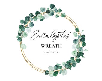 Eucalyptus watercolor wreath clipart, Watercolor eucalyptus wreath, Golden eucalyptus frame, Baby blue gold eucalyptus green leaves PNG