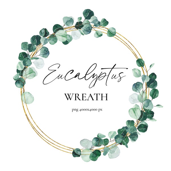 Eucalyptus watercolor wreath clipart, Watercolor eucalyptus wreath, Golden eucalyptus frame, Baby blue gold eucalyptus green leaves PNG