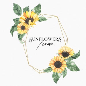 Moldura dourada de girassol em aquarela - convite de casamento, flores amarelas rústicas, coroa de ouro, clipart - arranjo floral de girassóis, png