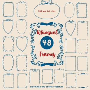 Línea de arte coqueta de marcos dibujados a mano clipart - Bordes azules caprichosos con lazos clip art - Decoración de moda para tarjeta de invitación de boda SVG PNG