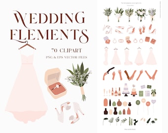 Wedding icons clipart – Wedding elements illustrations, bouquets, bride dress, shoes, wedding cake – Couple hands with rings clipart – PNG