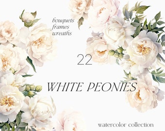 White peony watercolor clipart - Peonies floral bouquets clipart - Watercolor floral peony clipart - Wedding clipart - Peony flower PNG