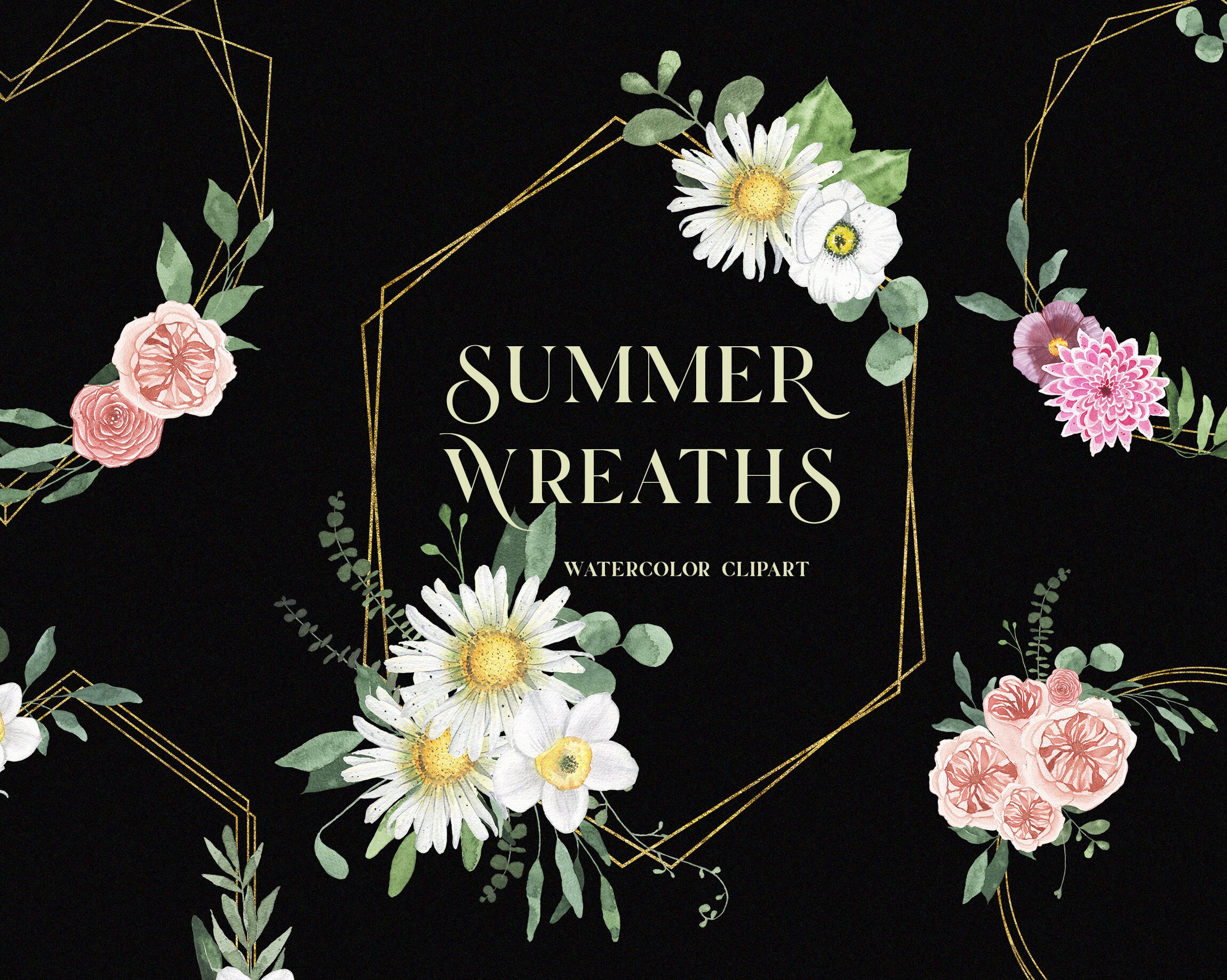 Watercolor Wildflower Wreath Clipart Summer Floral Fields Etsy