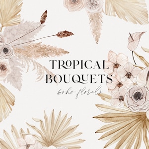 Aquarelle bouquets tropicaux clipart - Bordure florale boho de mariage - Aquarelle boho feuilles de palmier séchées orchidée rose fleurs de lys calla PNG