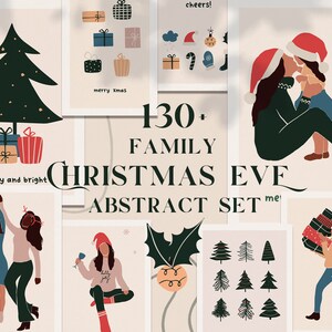 La familia de Navidad abstracta personas clipart, Año Nuevo vacaciones tarjeta de felicitación imprimible, padre de Navidad madre niños en pijama, garójar trees