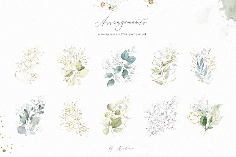Digital downloads PNG Floral gold silver leaves botanical art greenery wedding bouquets clipart Watercolor green leaves arrangements