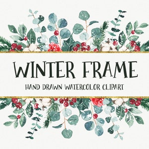 Clipart con cornice natalizia dorata ad acquerello, clipart floreale invernale, clipart corona corona dorata floreale natalizia, cornice verde invernale PNG download