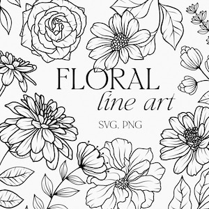 Botanical floral line art clipart, Flower line art SVG, Black line art flower sketch, White floral fine line art hand drawn botanique PNG