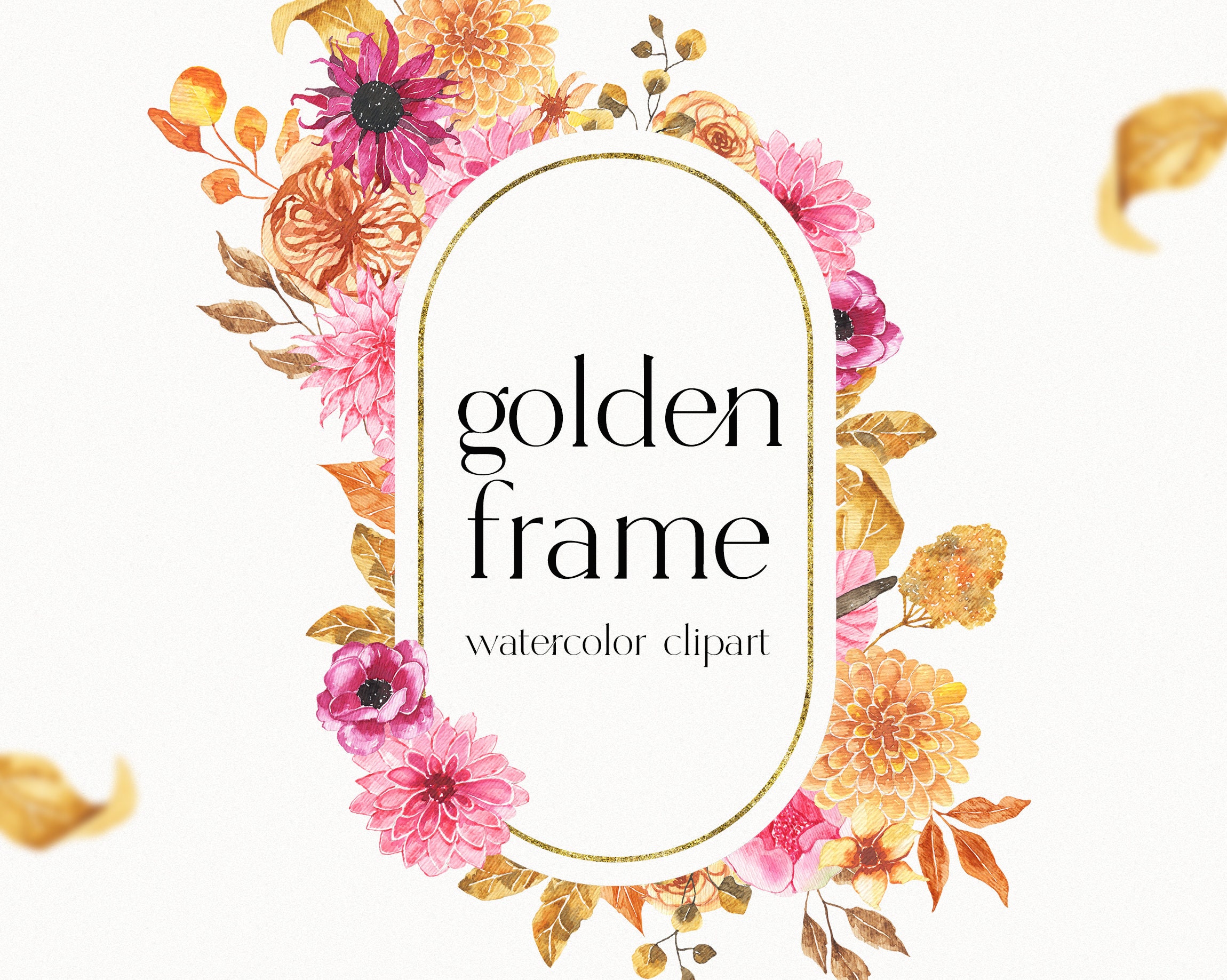 Golden flowers and leaves clip art. Floral gold frame svg.