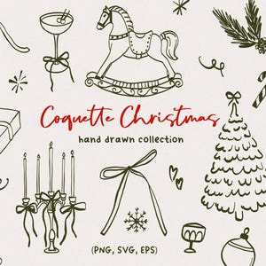 Coquete de Natal desenhado à mão linha arte clipart - borda, moldura, decoração, arco, árvore, vela - Decoração da moda de inverno para cartão de convite SVG PNG