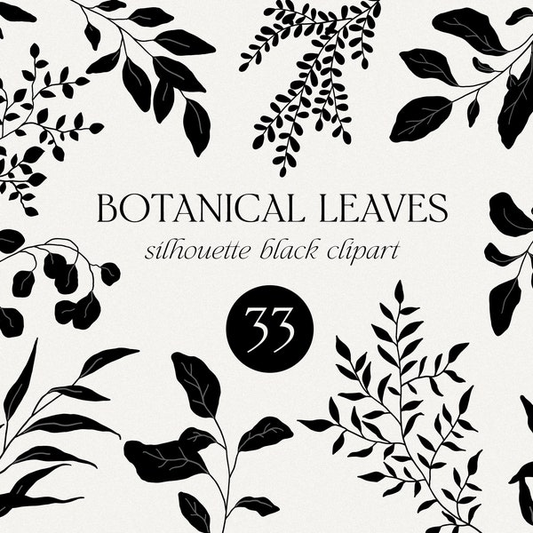 Botanical black floral leaves hand drawn line art graphic clipart. DIY wedding invitation silhouette minimalist line art leaves fine art PNG