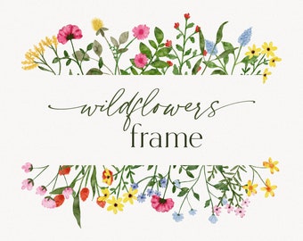 Wildflower frame clipart, Watercolor wild flower wreath, Meadow frame, Botanical floral border, Wedding invitation wildflower frame PNG