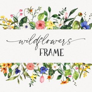 Bloemenrand PNG clipart, Wildflower frame, Aquarel wilde bloem rand, Weide bloem frame clipart, Botanische bloemen frame rand PNG