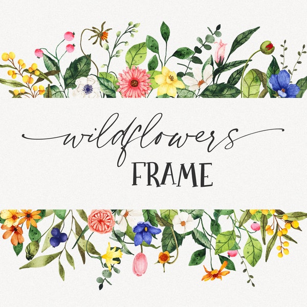 Floral border PNG clipart, Wildflower frame, Watercolor wild flower border, Meadow flower frame clipart, Botanical floral frame border PNG