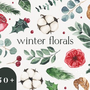 Clipart floreale ad acquerello, clipart floreale di Natale, download floreale invernale, clipart fiori invernali, clipart verde, verde verde verde