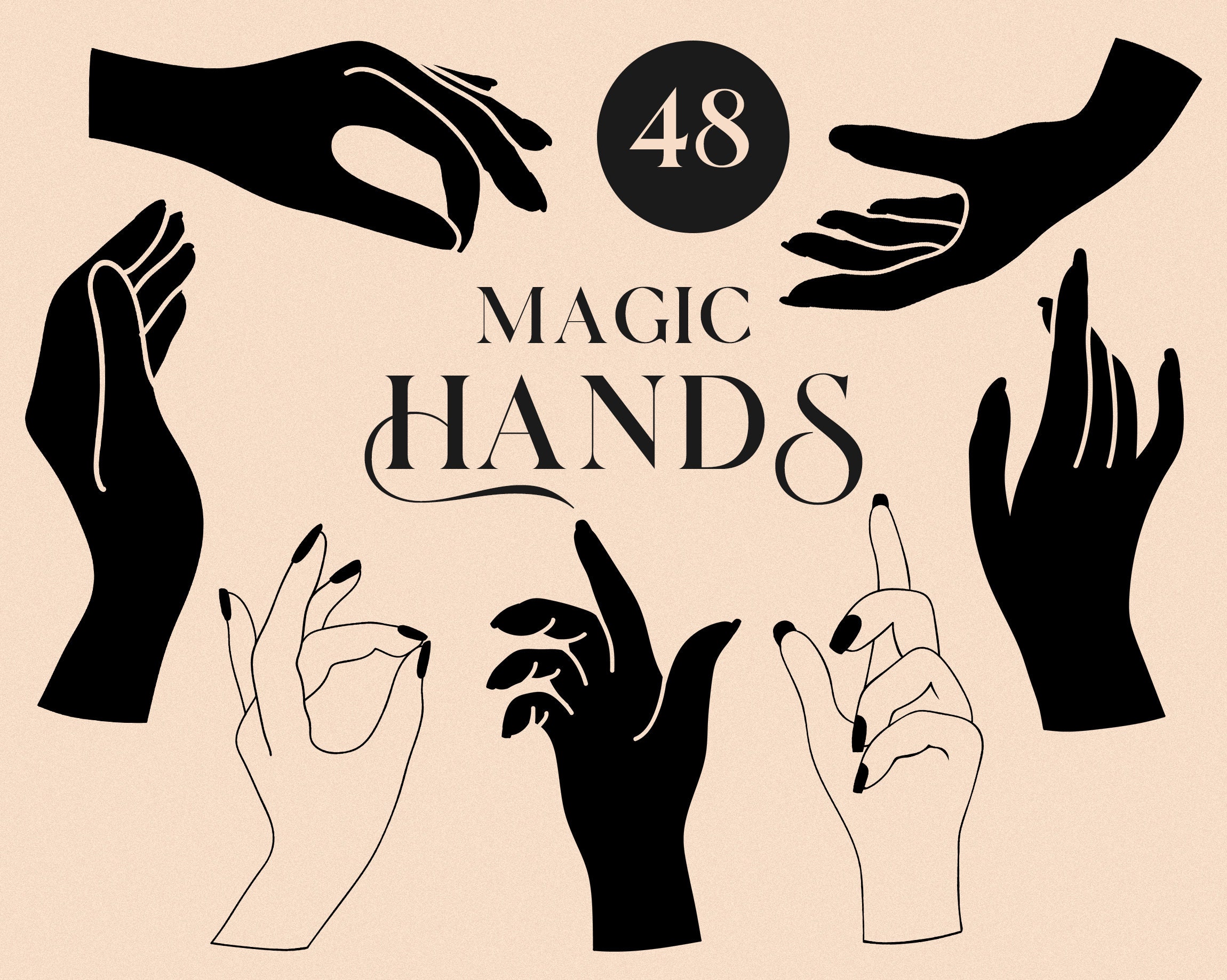 Hands clipart, magic mystic hand gestures icons symbols, Esoteric  witchcraft women hand, Black white line art outline hands PNG download